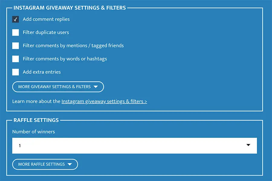 Giveaway settings and filters in the Instagram Comment Picker